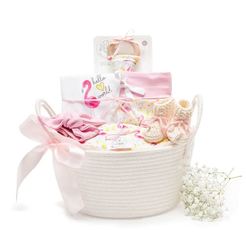 Pink Flamingo Hello World - Organic Baby Girl Basket