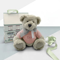 Baby girl keepsake teddy bear gift in illustrated gift box with gift card