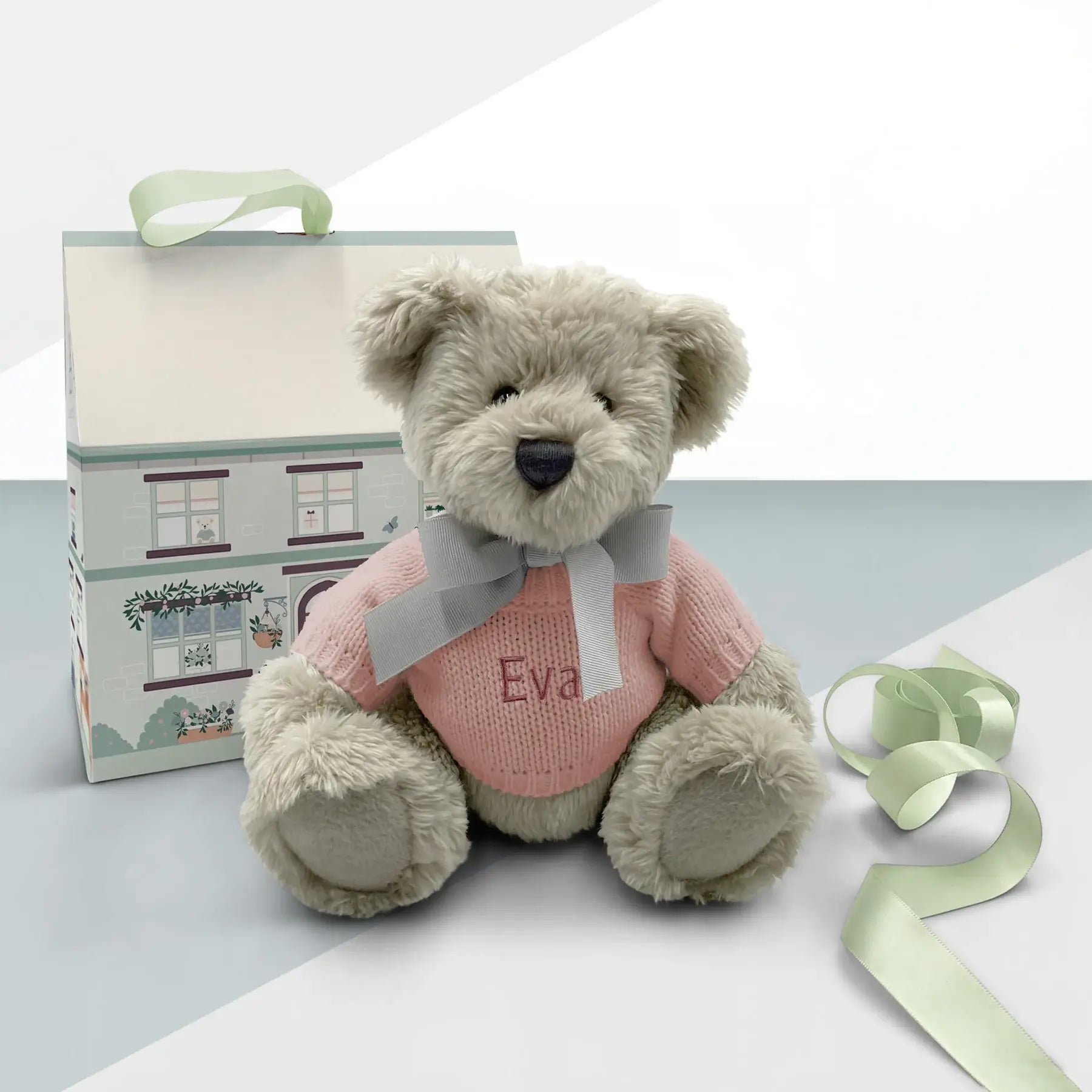 Baby girl keepsake teddy bear gift in illustrated gift box with gift card