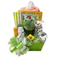 Sweet Baby Boy Gift Basket contains a plush green frog, counting book, rubber ducky, receiving blanket, onesie and more.