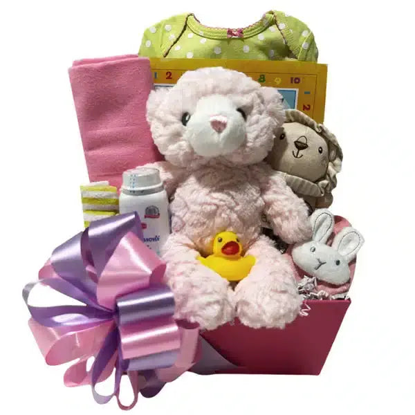 Sweet-Baby-Girl-Basket contains a plush pink teddy bear, onesie, blanket, rattle, bunny booties and more.