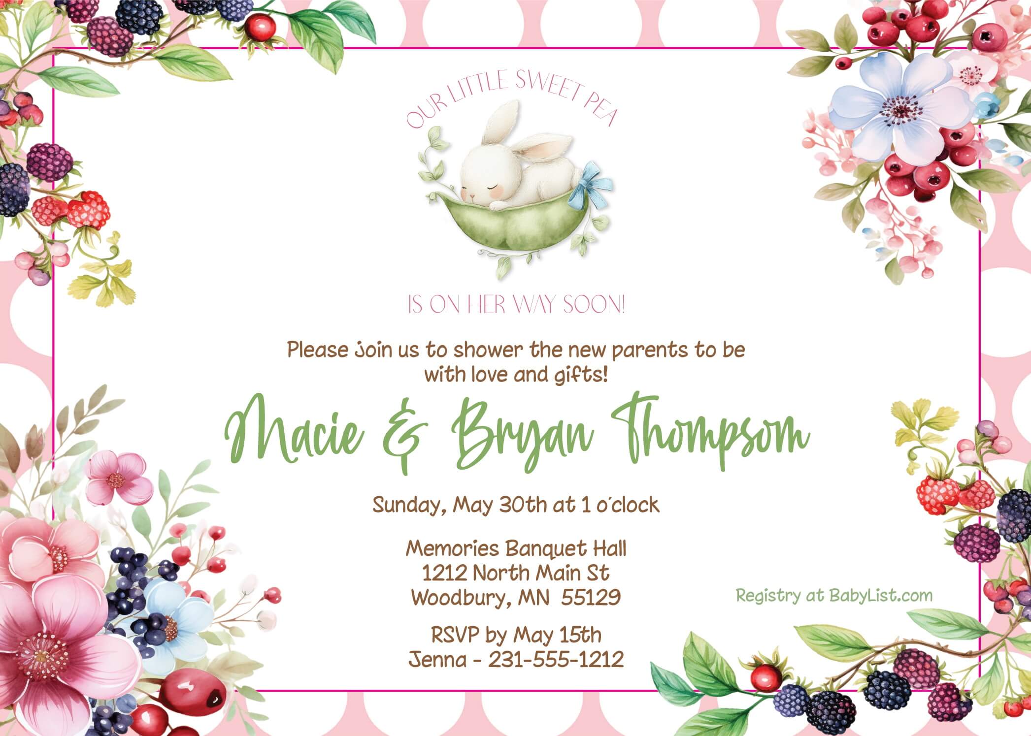 Sweet pea floral baby girl shower invitation with garden botanical design, available printed or as a digital file
