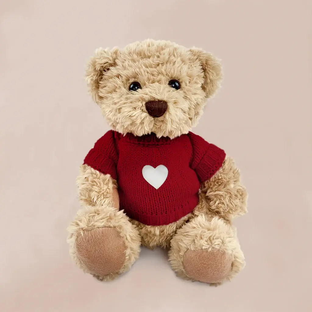 Valentine's Day teddy bear in red knitted sweater with heart motif, gift-boxed baby keepsake safe from birth