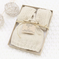 Handmade natural baby alpaca knotted cap and bootie set, gift-boxed, newborn size, gender neutral