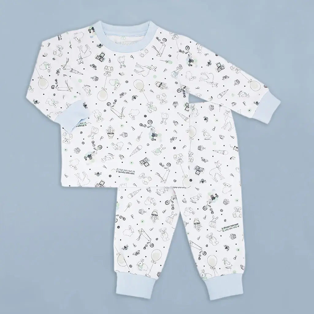  Kites & Cuddles baby boy pajamas in soft 100% cotton with long sleeves, 18-24 months, featuring illustrated kites, balloons, rabbits and teddy bears in blue
