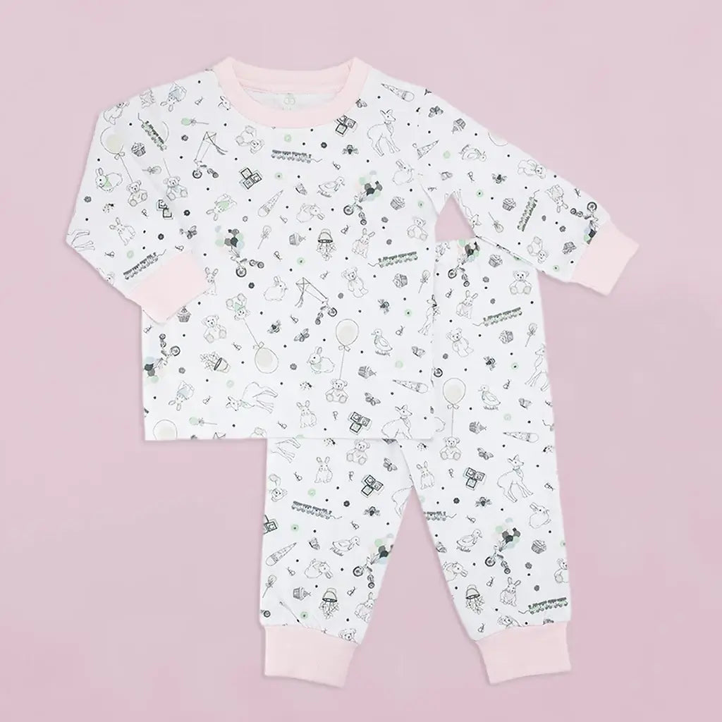 Kites & Cuddles baby girl pajamas in soft 100% cotton with long sleeves, 18-24 months, featuring illustrated kites, balloons, rabbits and teddy bears in pink