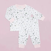 Kites & Cuddles baby girl pajamas in soft 100% cotton with long sleeves, 18-24 months, featuring illustrated kites, balloons, rabbits and teddy bears in pink