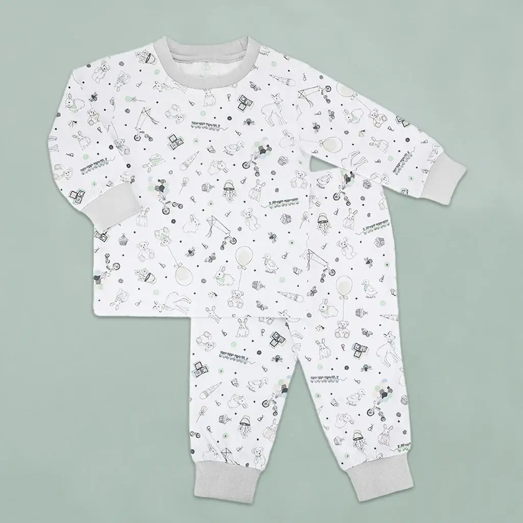 Kites & Cuddles baby pajamas in soft 100% cotton with long sleeves, 18-24 months, featuring illustrated kites, balloons, rabbits and teddy bears