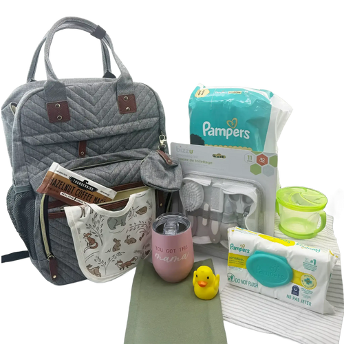Unique baby gift diaper bag backpack packed with Pampers diapers and wipes, receiving blanket, grooming kit, snack catcher and “You Got This Momma” wine tumbler