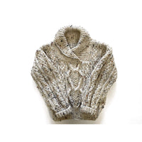 Hand-knit fisherman baby boy sweater in oatmeal tweed with center cable and shawl collar, size 18 months