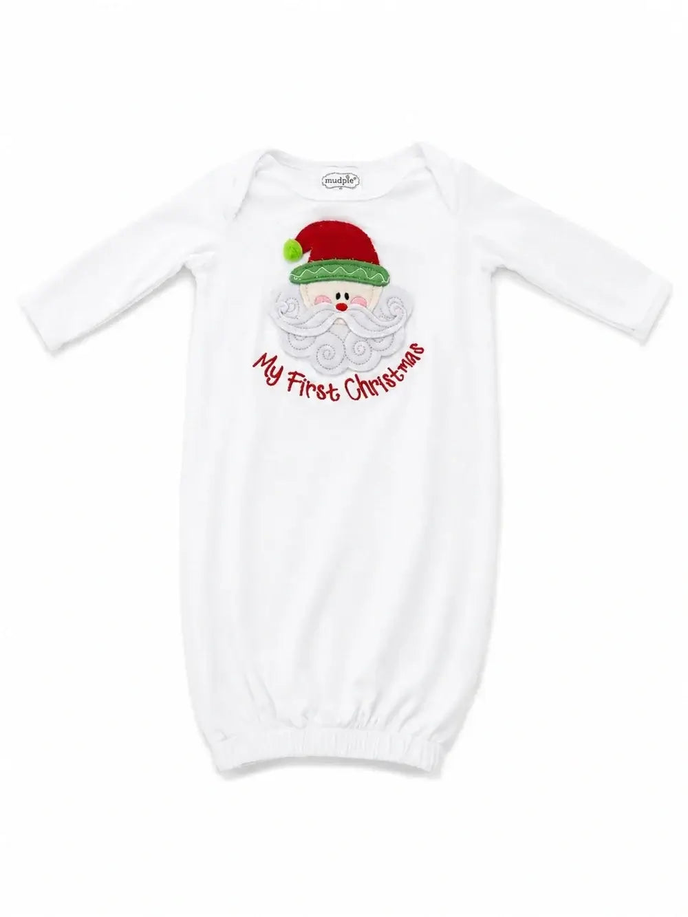 Mud Pie My First Christmas white cotton baby sleeper gown with felt Santa applique