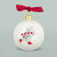 Baby's First Christmas fine bone china teddy bear ornament with skating design and red ribbon