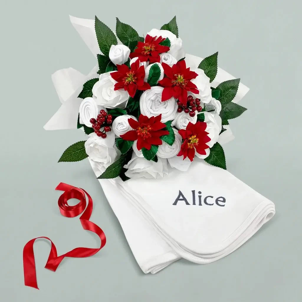 Christmas Rose | Luxury Baby Clothes Bouquet | Personalized Blanket