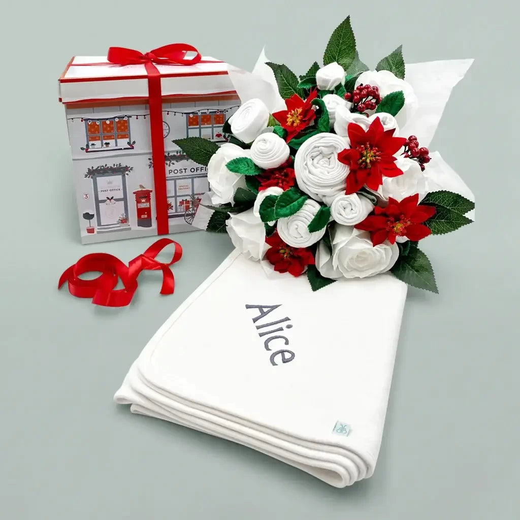 Christmas Rose | Luxury Baby Clothes Bouquet | Personalized Blanket