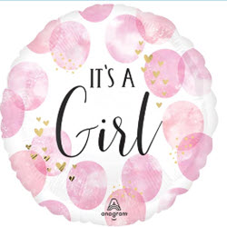 Round white mylar balloon reading “It’s a Girl” in black script with pink watercolor dots and gold hearts