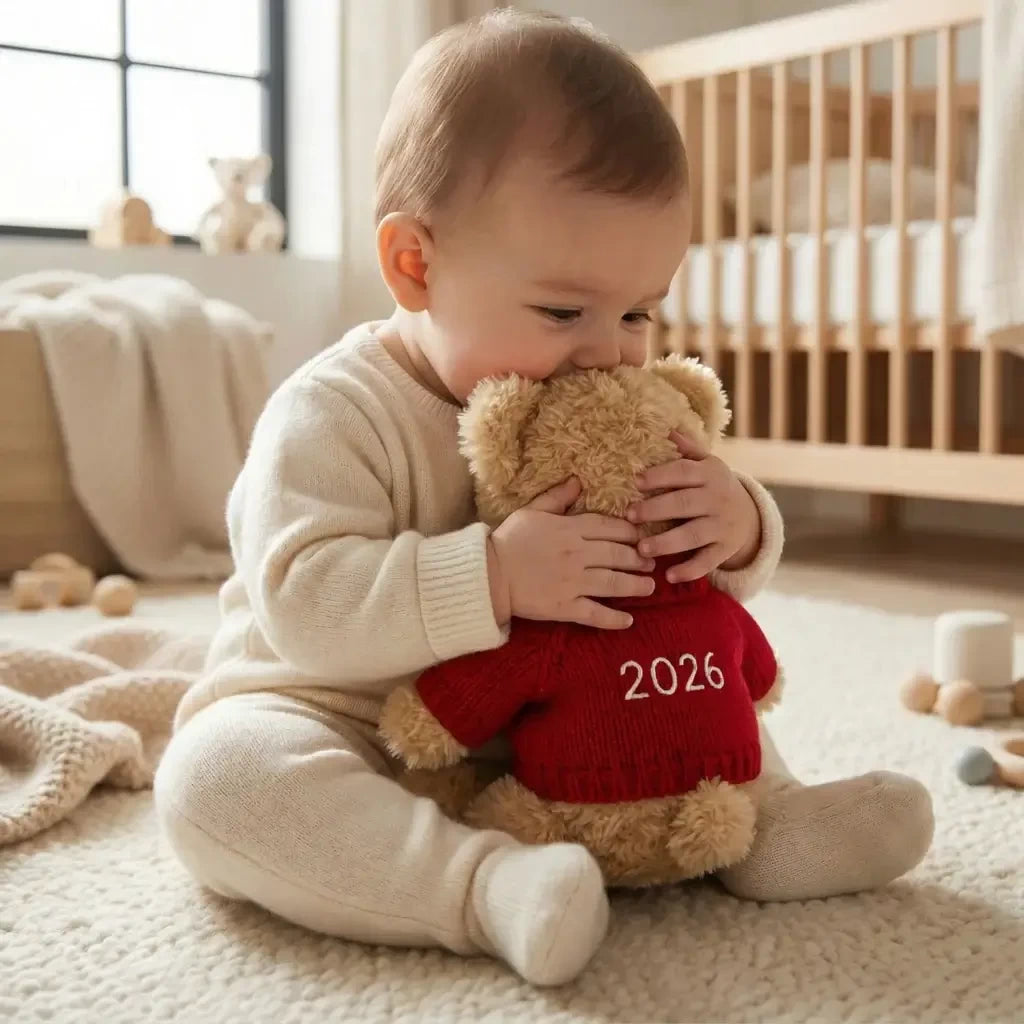 Baby holding a personalized first Christmas teddy bear in a red sweater