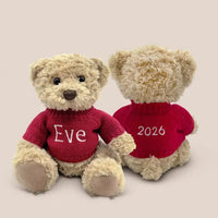 Jingles the First Christmas Bear, personalized teddy bear in a red knitted sweater