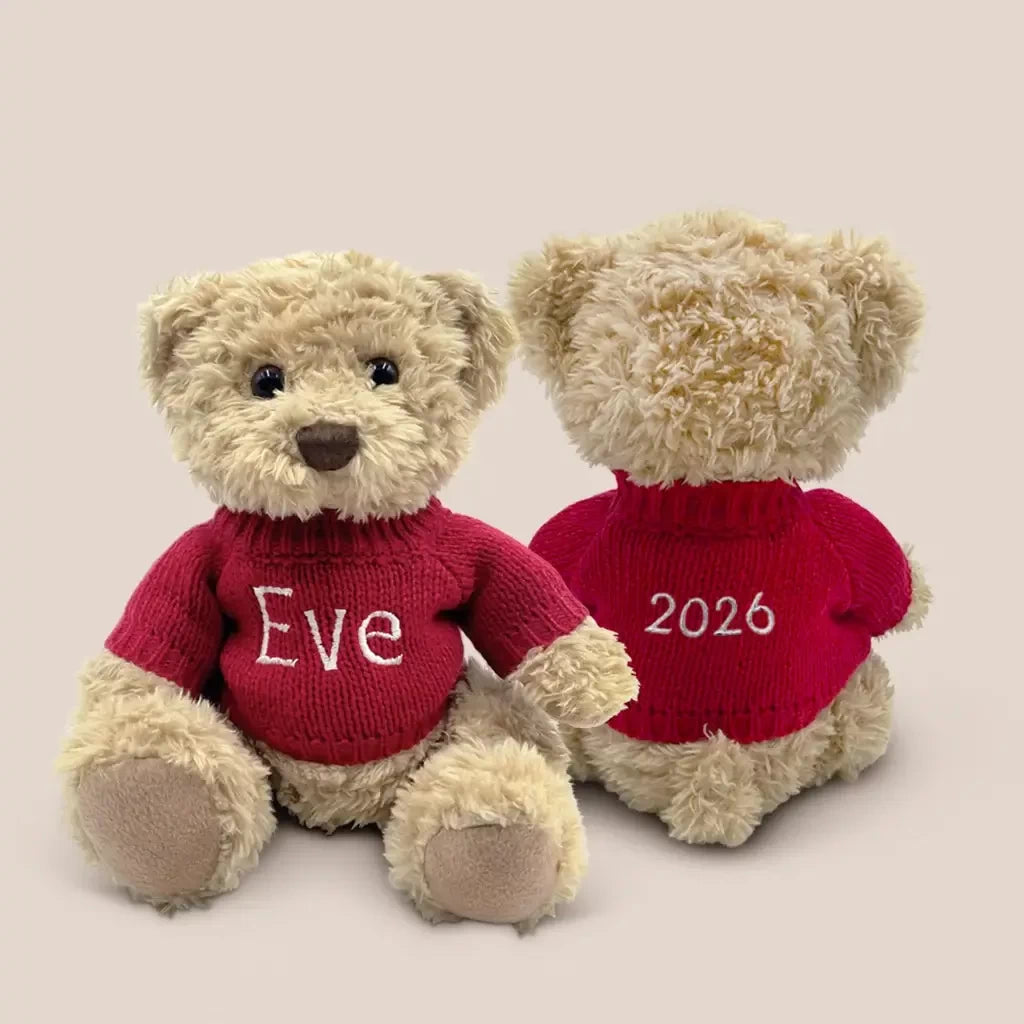 Jingles the First Christmas Bear, personalized teddy bear in a red knitted sweater