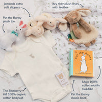 The Little Bunny Welcome Set product details and contents displayed in a styled flat lay with text overlay