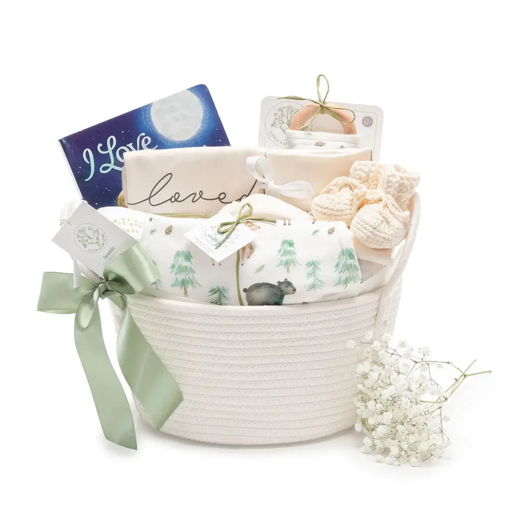 Magical Forest Organic Baby Gift Basket with Book & Swaddle - Loved - Neutral