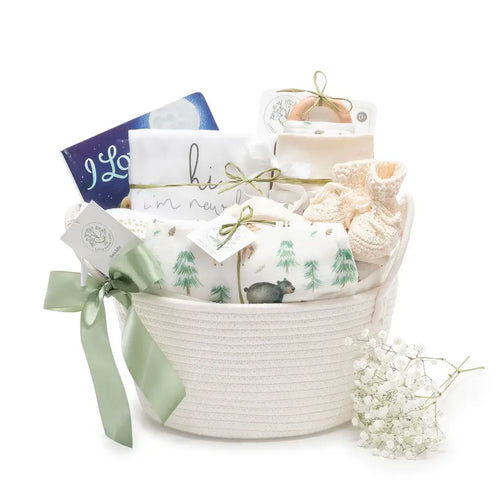 Magical Forest organic baby gift basket with book and swaddle — 9-piece neutral layette set