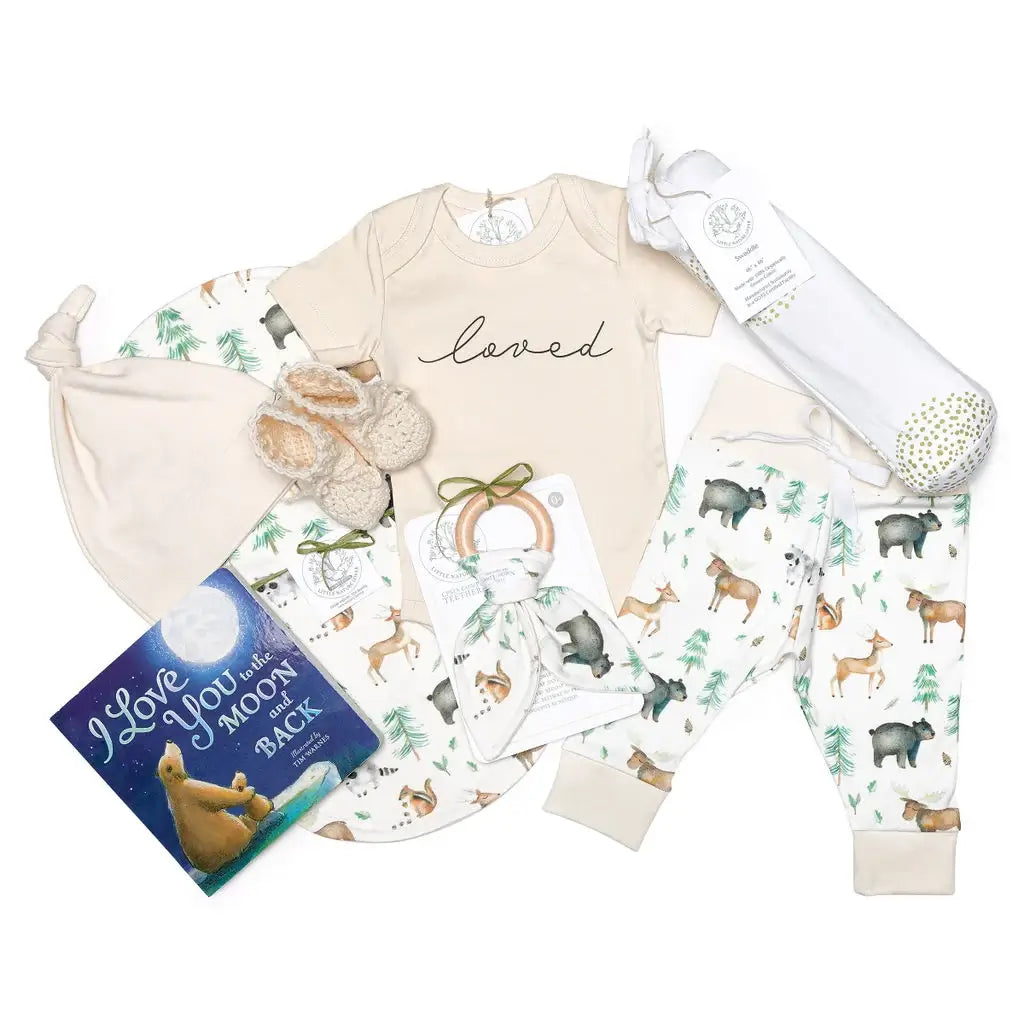 Magical Forest Organic Baby Gift Basket with Book & Swaddle - Loved - Neutral