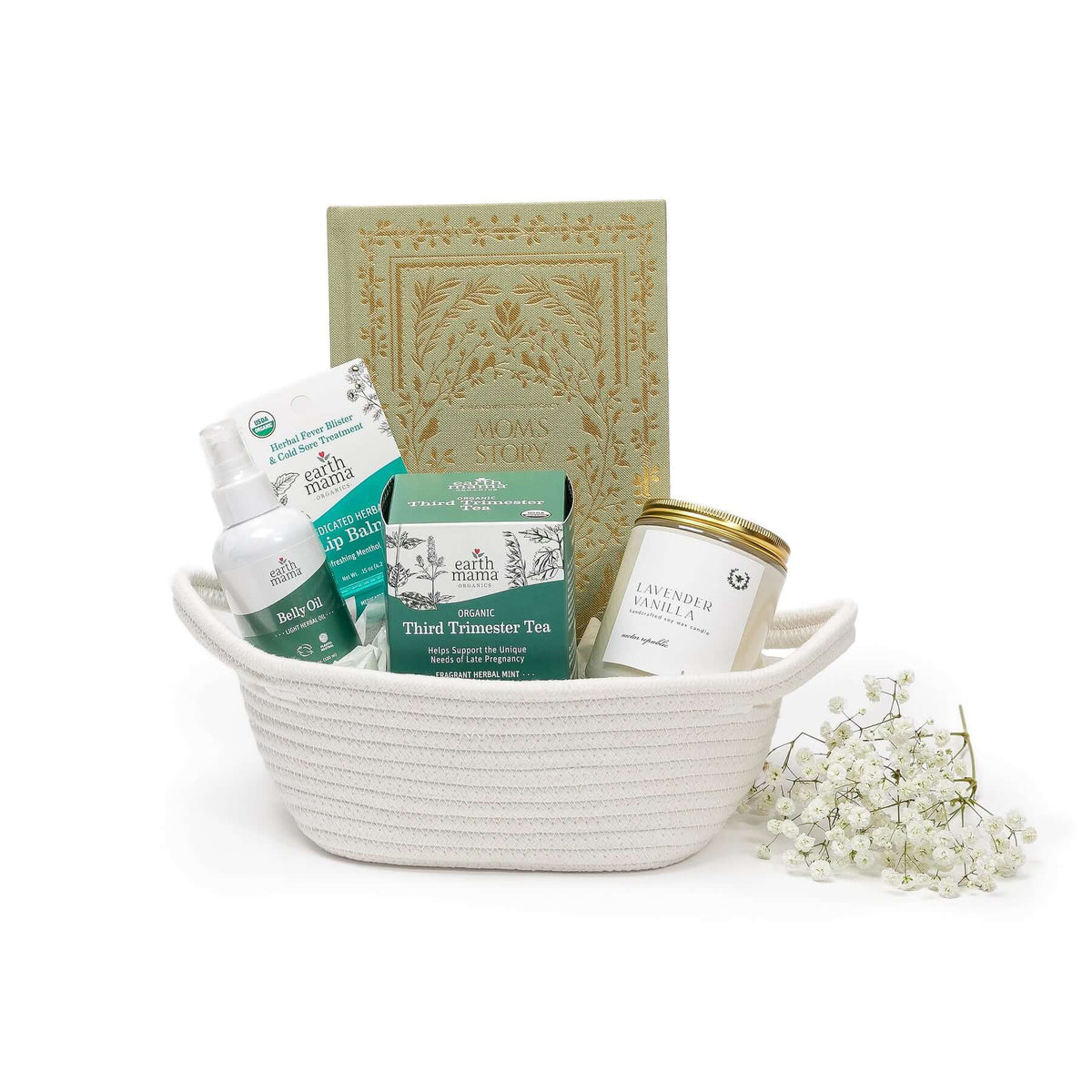 Mama in Bloom Pregnancy Gift Basket with Earth Mama belly oil, organic tea, lavender candle, keepsake journal, and woven rope basket