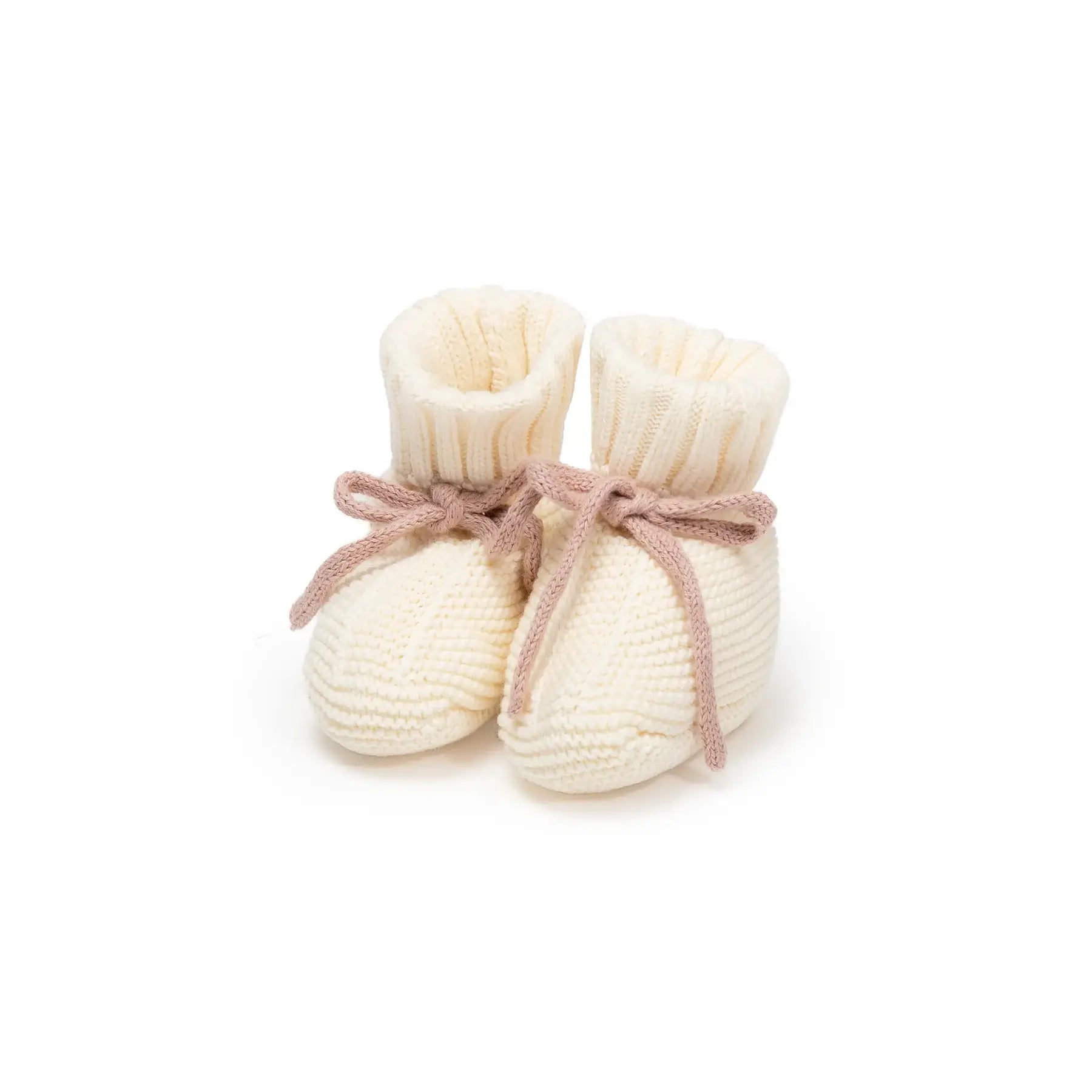 Handmade organic baby booties with mauve trim ties