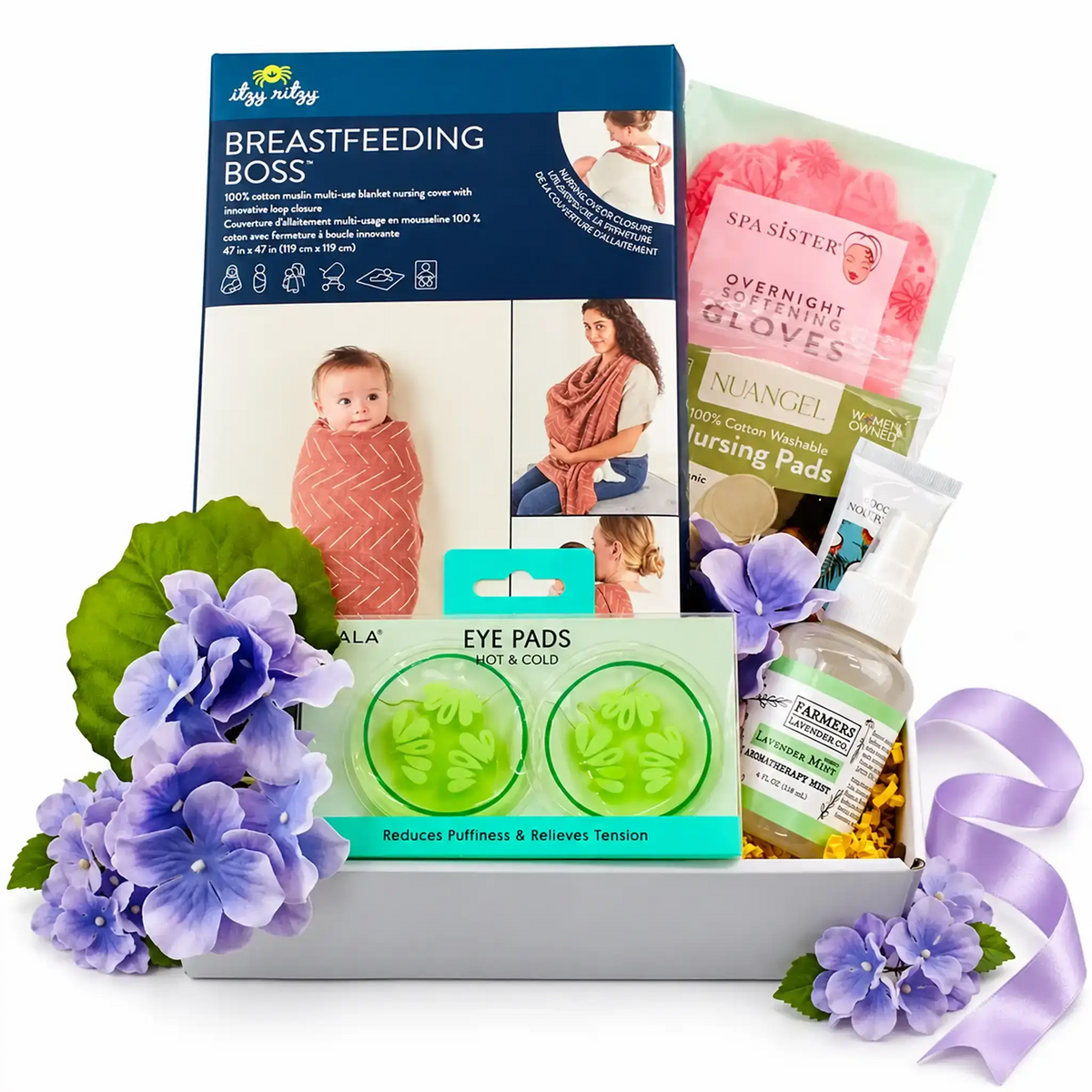 Breastfeeding mom gift box with muslin nursing cover, washable nursing pads, gel eye pads, softening gloves and lavender mint mist