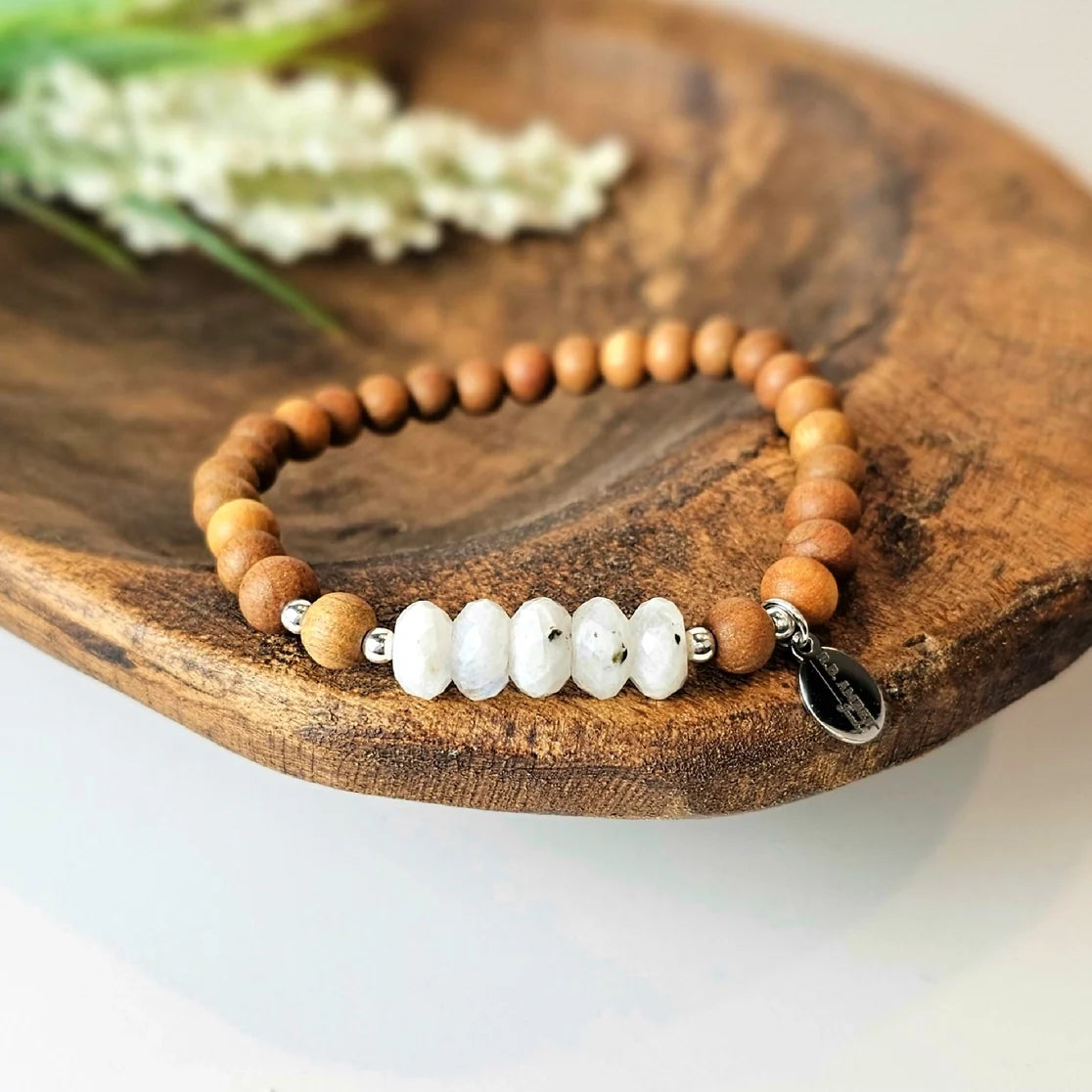 Handmade moonstone and sandalwood motherhood bracelet with sterling silver accents