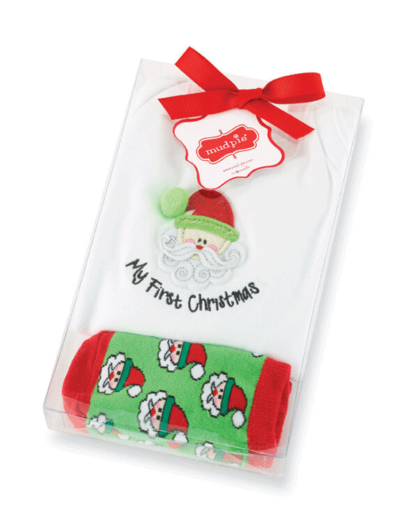 Mud Pie first Christmas onesie and sock set in clear presentation box with red bow