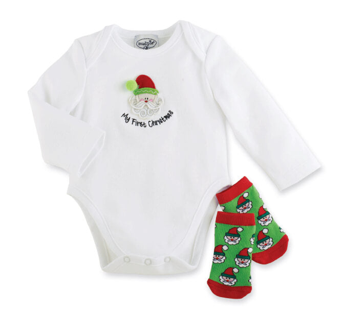 Mud Pie My First Christmas white baby onesie with felt Santa applique and green and red Santa socks