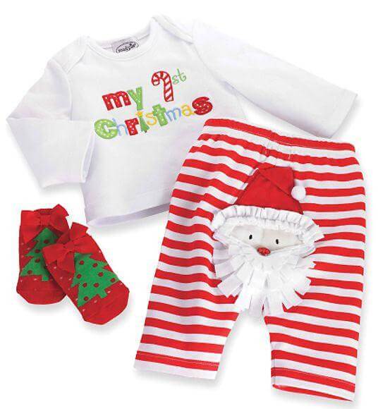 Mud Pie My 1st Christmas baby outfit with embroidered white top, candy cane striped pants with Santa, and red Christmas socks