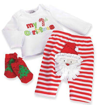 Mud Pie My 1st Christmas baby outfit with embroidered white top, candy cane striped pants with Santa, and red Christmas socks