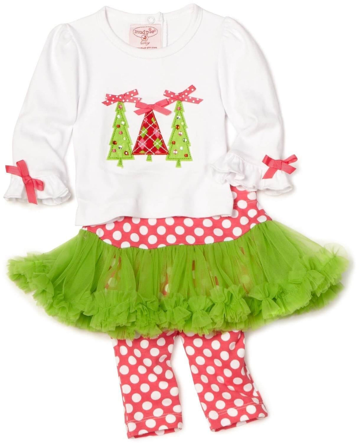 Mud Pie baby girl Christmas outfit with rhinestone Christmas tree top, polka dot pants and green chiffon tutu