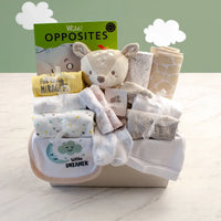Newborn Essentials gender neutral baby gift set with tan deer security blanket and Wild Opposites board book