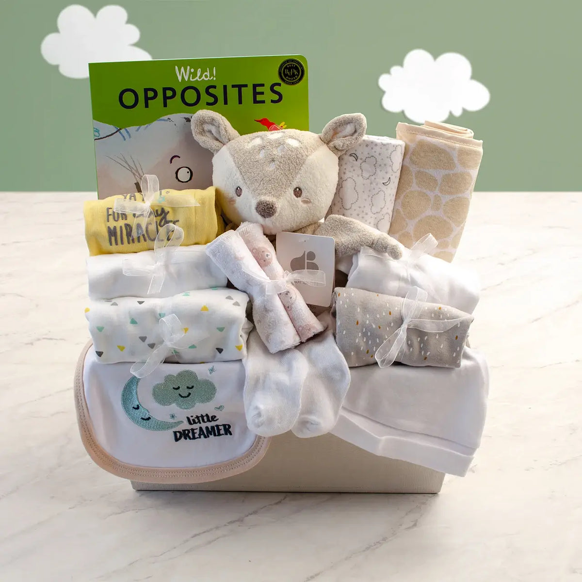 Newborn Essentials gender neutral baby gift set with tan deer security blanket and Wild Opposites board book