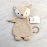 Tan deer plush security blanket with teether ring for babies