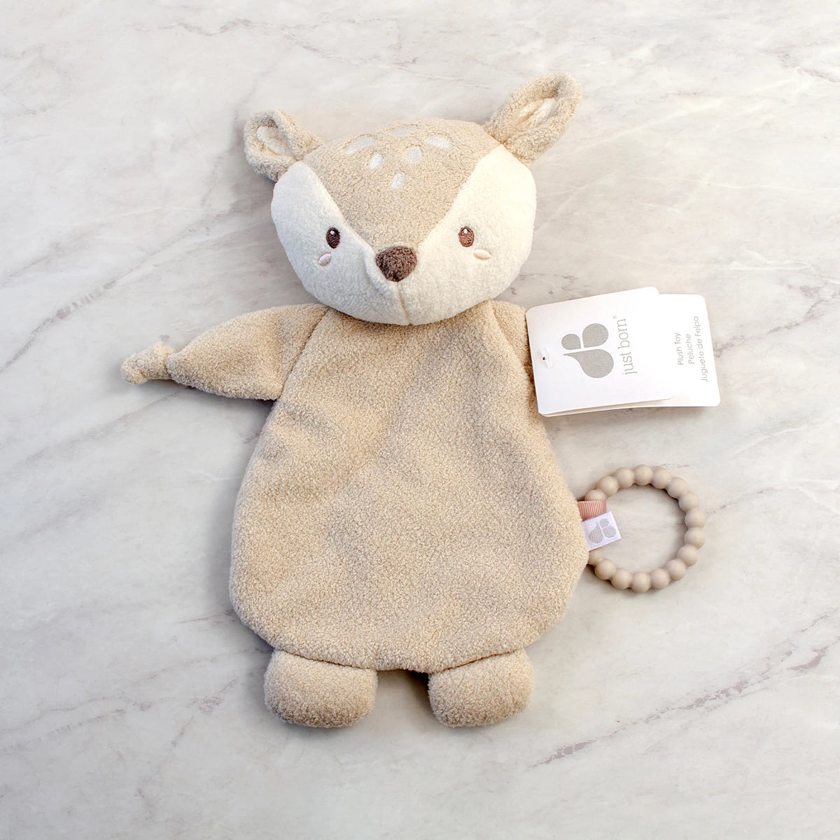 Tan deer plush security blanket with teether ring for babies