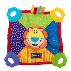 Nuby teething blanket with a soft comforter, textured teether and squeaking animal, a baby gift add-on