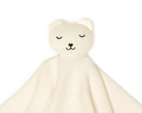 Natural organic cotton bear lovey security blanket in a soft sweater knit close-up