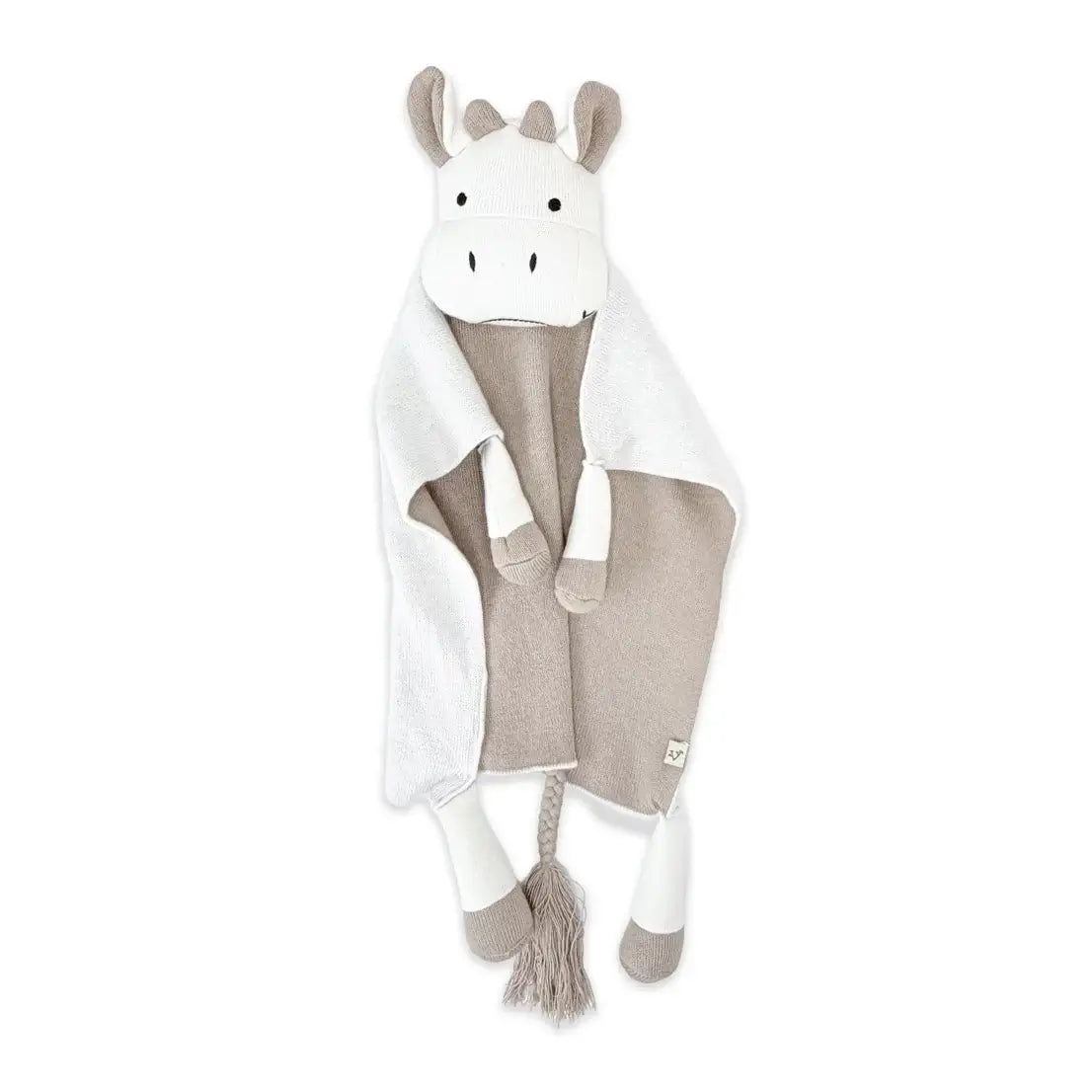 Organic cotton cow lovey security blanket in a soft sweater knit, a gender-neutral baby gift