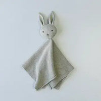 Gray organic cotton bunny lovey security blanket in a soft sweater knit, a gender-neutral baby gift