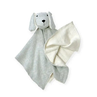 Gray puppy organic cotton lovey security blanket in a soft sweater knit, a baby boy gift