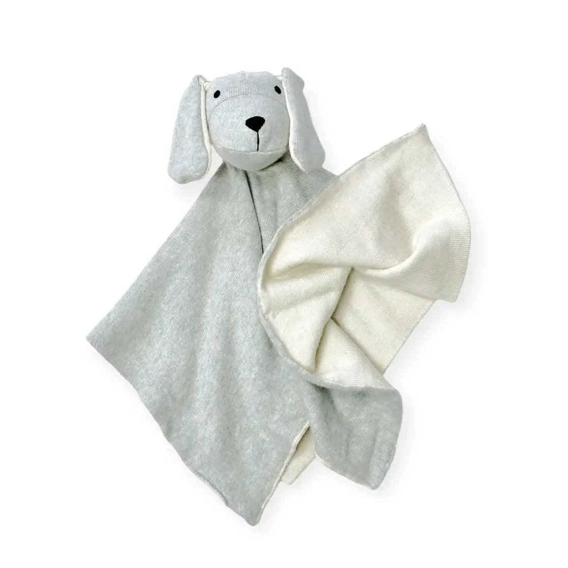Gray puppy organic cotton lovey security blanket in a soft sweater knit, a baby boy gift