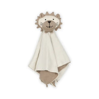 Organic cotton lion lovey security blanket in a soft sweater knit, a gender-neutral baby gift