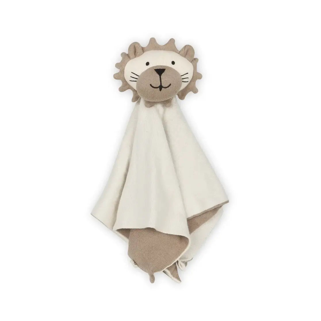 Organic cotton lion lovey security blanket in a soft sweater knit, a gender-neutral baby gift