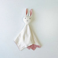 Pink and cream organic cotton bunny lovey security blanket, a handmade baby girl gift