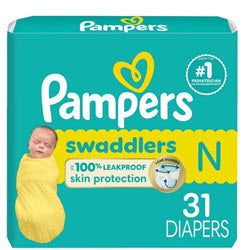 Pampers Swaddlers newborn diapers, 32-count pack, a practical baby gift add-on