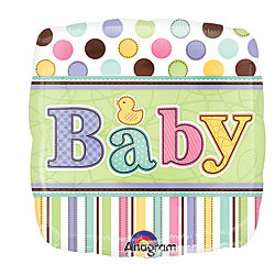 Square 9-inch mylar balloon with pastel “Baby” lettering, a yellow duck, polka dots and stripes